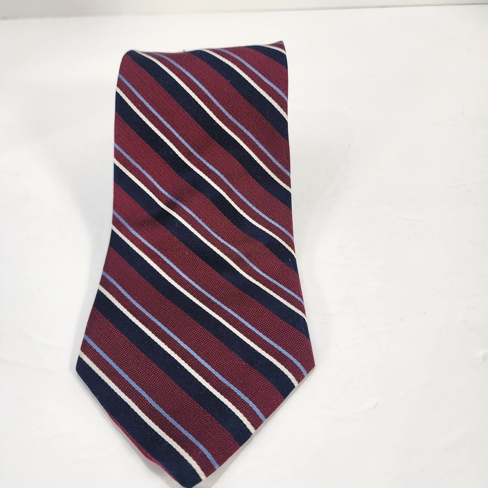 RBM Mens Silk Necktie Burgundy Navy Blue Striped Stain Resistant Made in USA